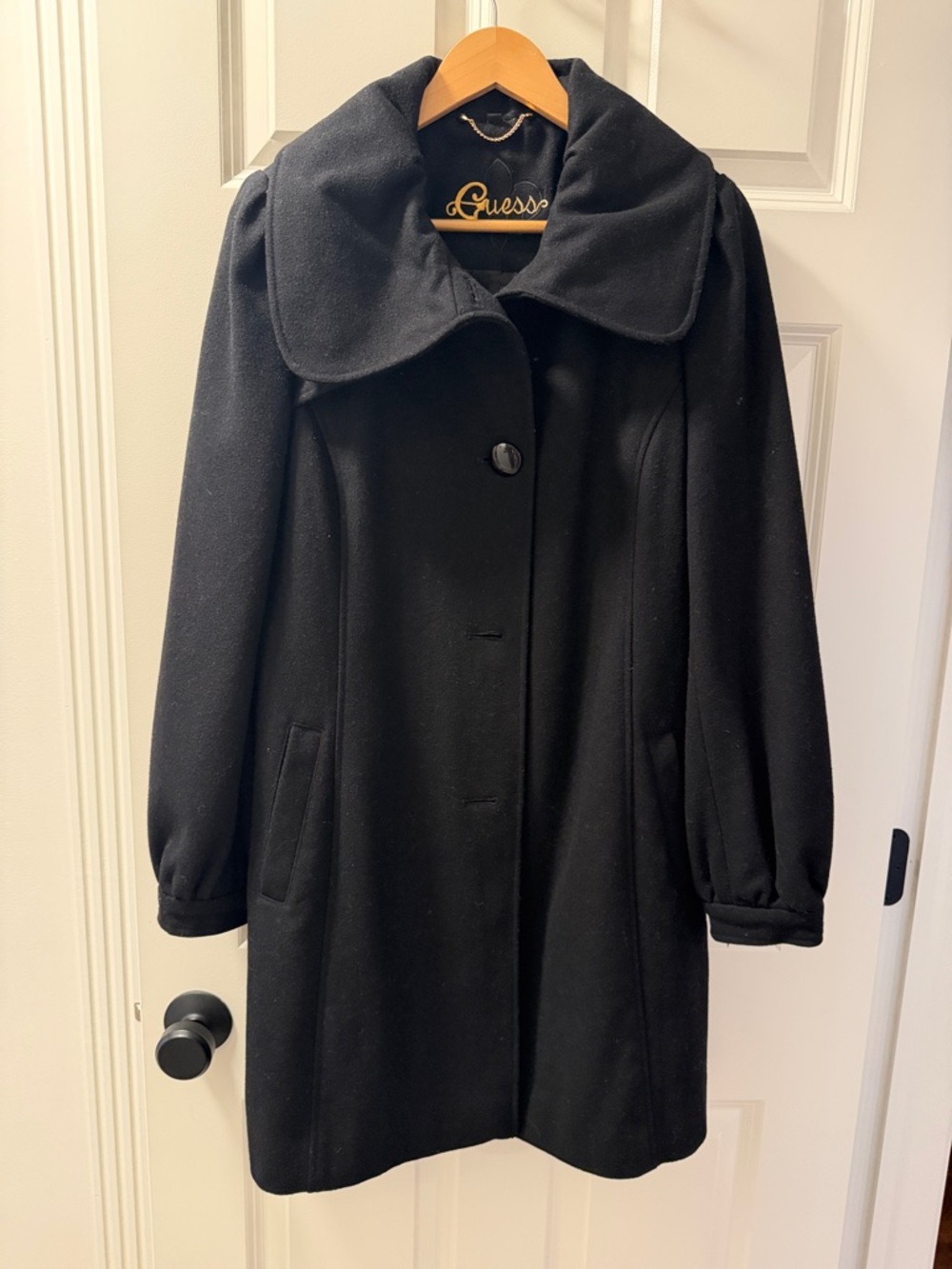 Guess Black Wool-Blend Pea Coat with Wide Collar